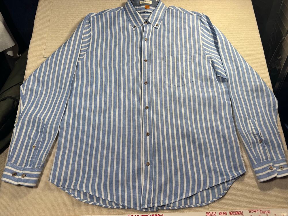 Tailor Vintage Men's XL 100% Linen Button Up Shirt Pure Tec Cool Blue Stripes